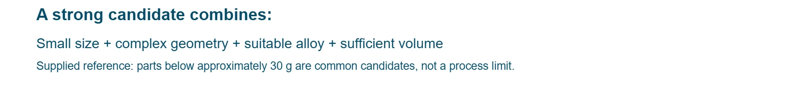 Diagram: a strong MIM candidate combines small size, complex geometry, suitable alloy and sufficient volume